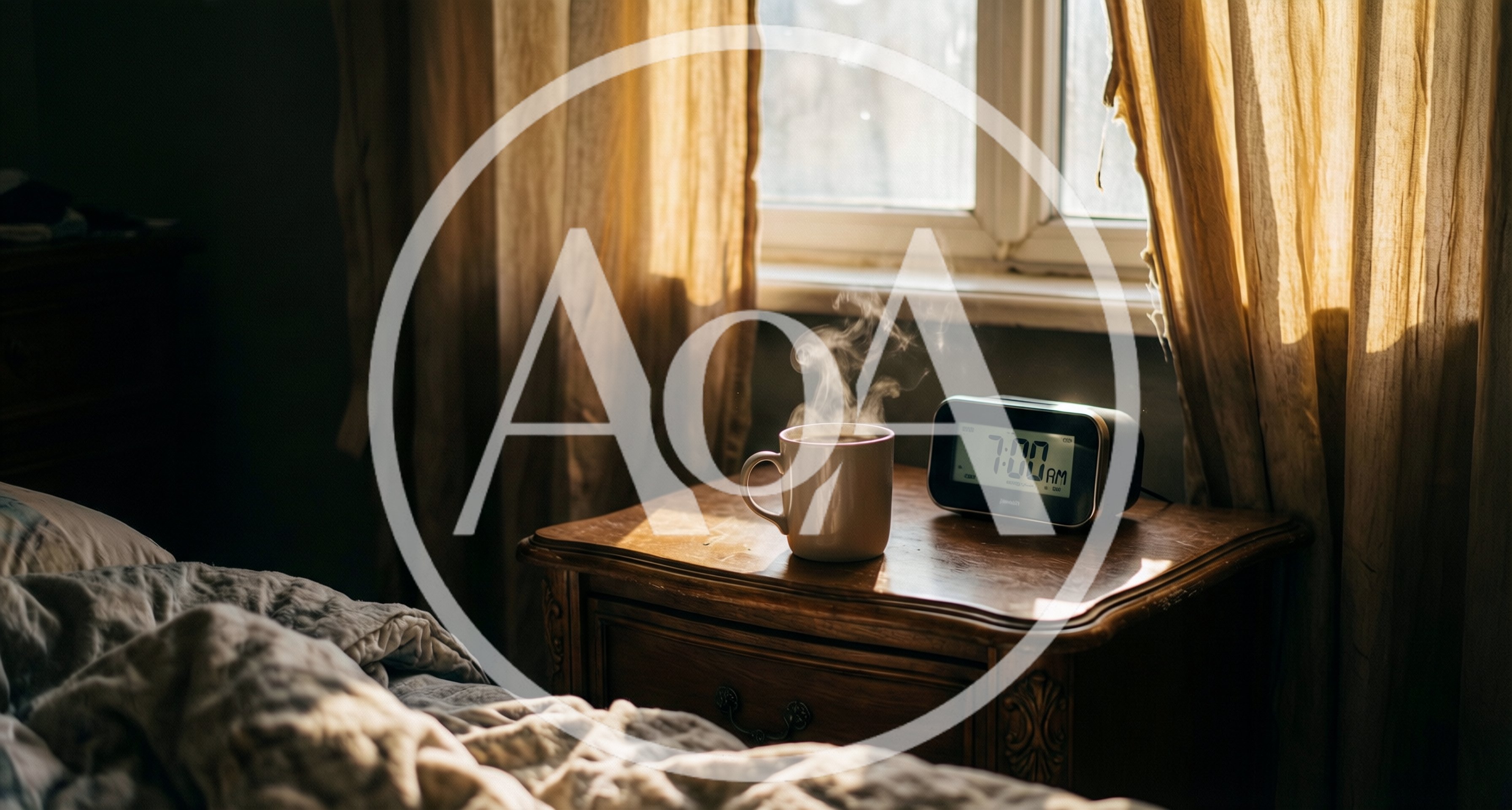 Steaming Coffee Mug And Alarm Clock On Bedside Table