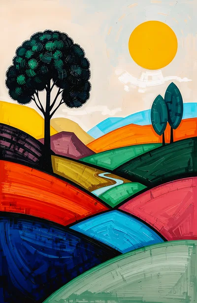 Abstract Landscape Painting With Vibrant Rolling Hills