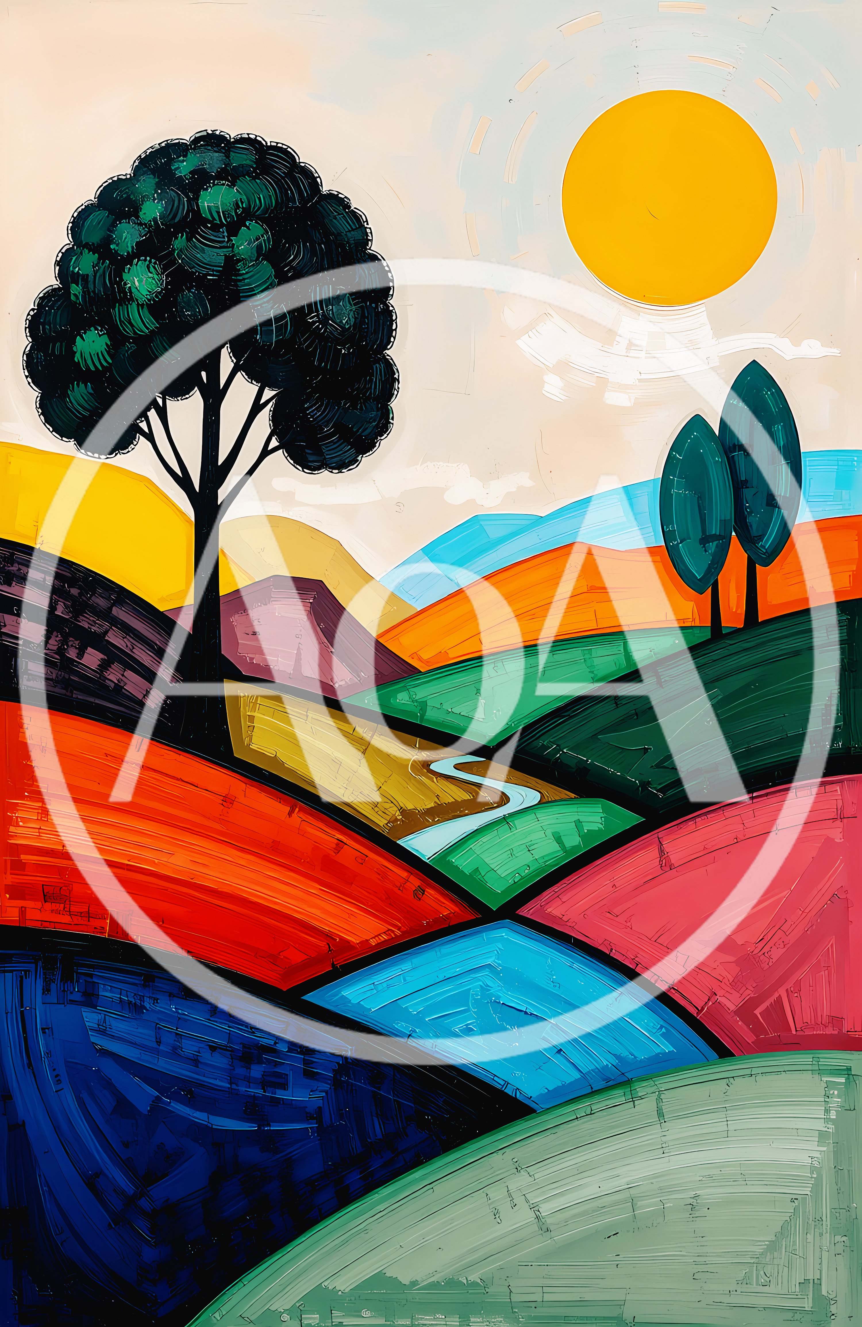 Abstract Landscape Painting With Vibrant Rolling Hills
