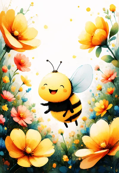 Cute Cartoon Bee Flying In A Vibrant Flower Garden