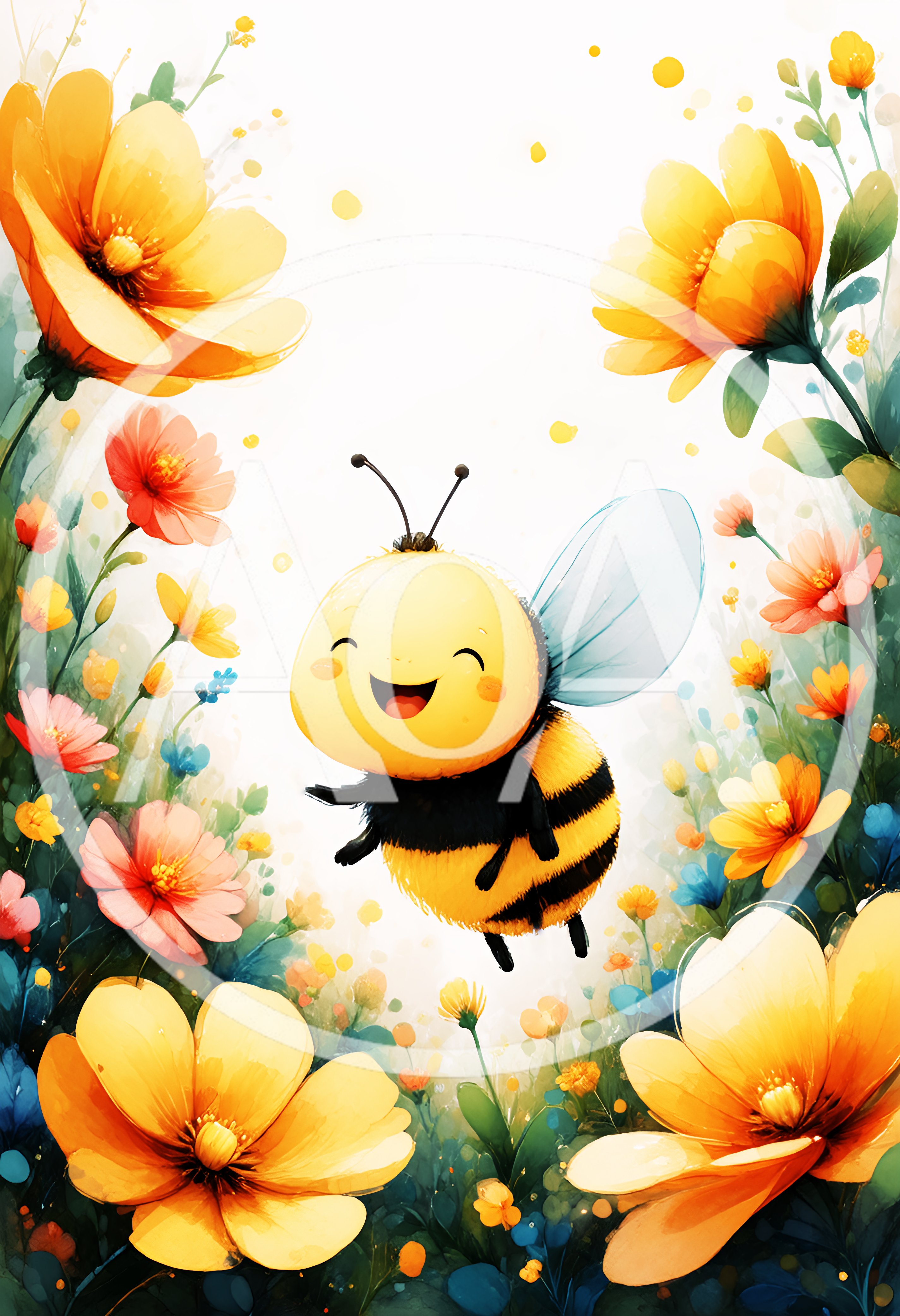 Cute Cartoon Bee Flying In A Vibrant Flower Garden