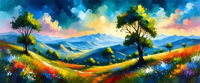 Vibrant Impressionist Landscape Painting Of Rolling Hills