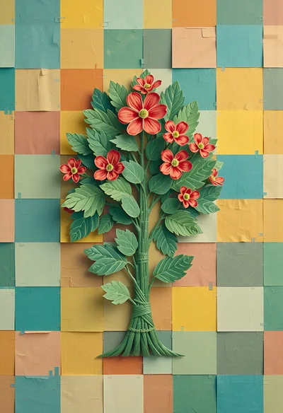 Paper Craft Flower Bouquet On A Grid Background