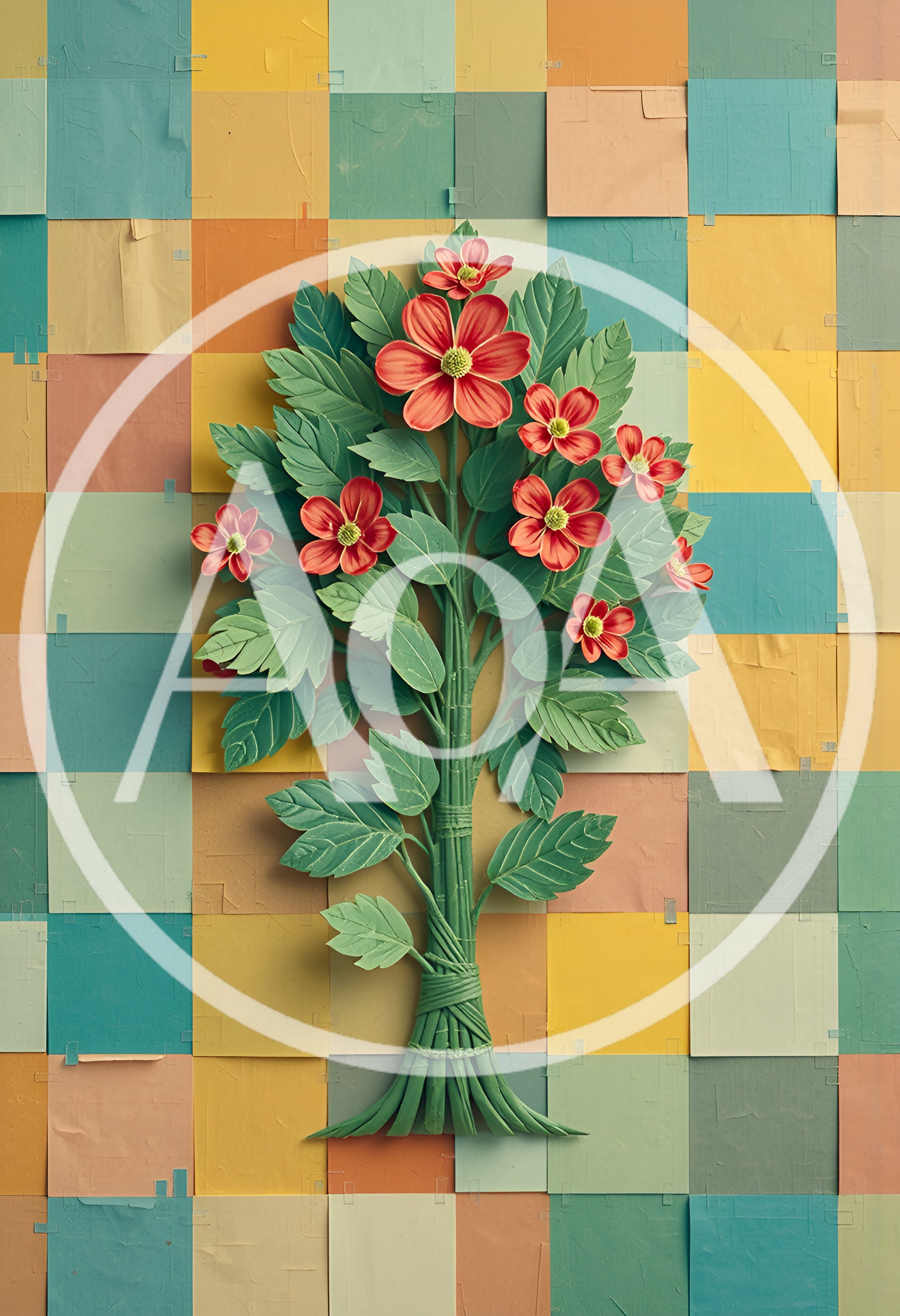 Paper Craft Flower Bouquet On A Grid Background