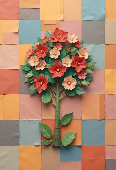 Paper Craft Flower Tree On Patchwork Background