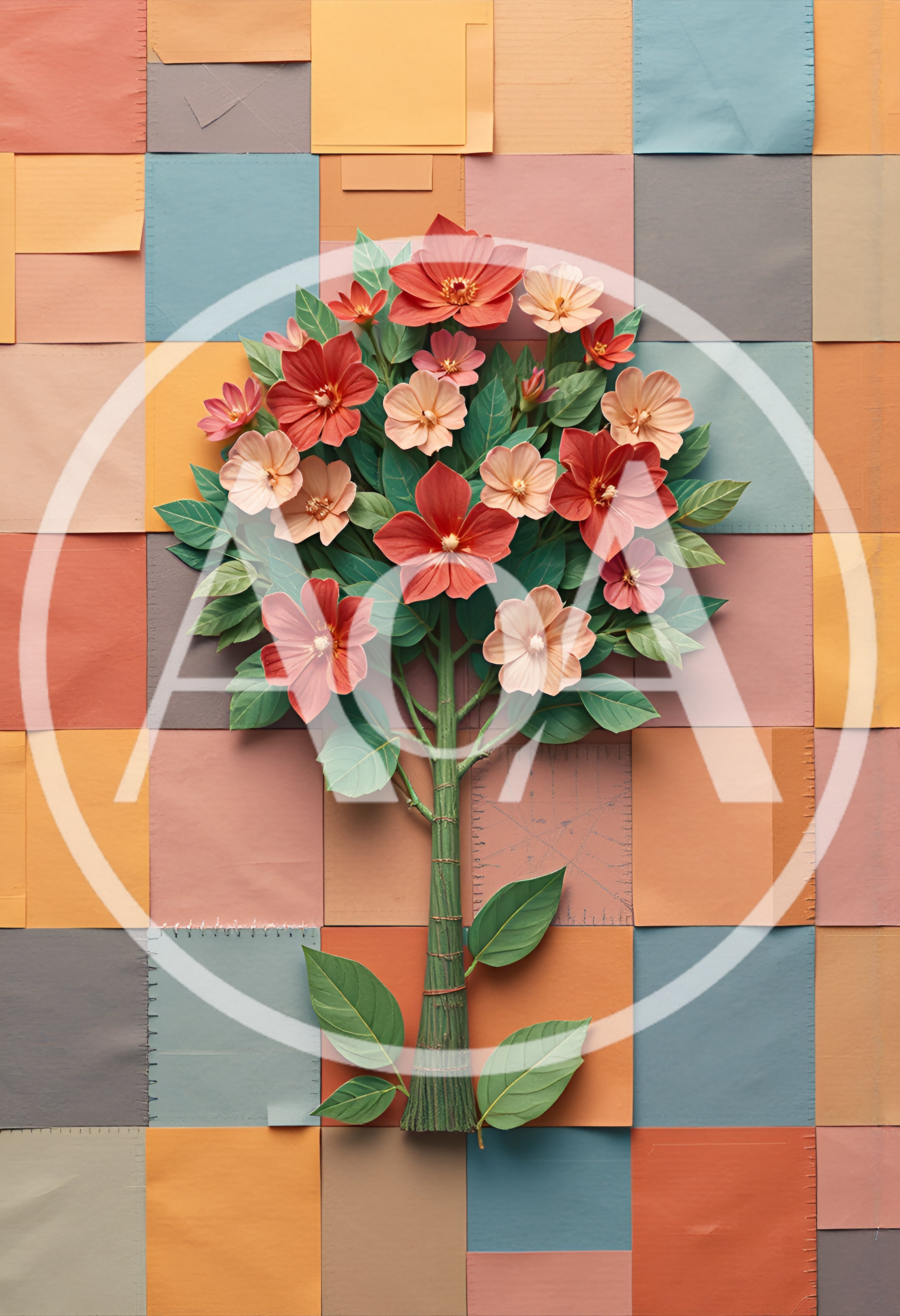 Paper Craft Flower Tree On Patchwork Background