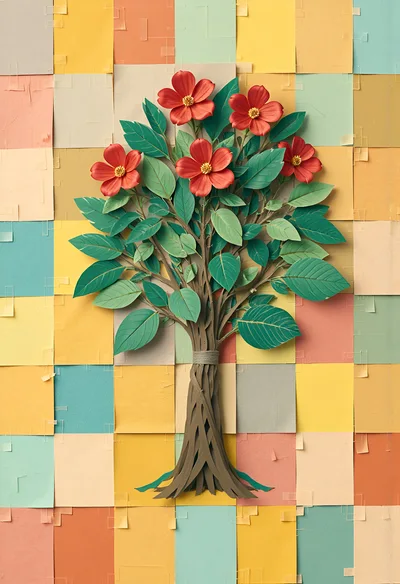 Paper Craft Tree With Red Flowers On Mosaic Background