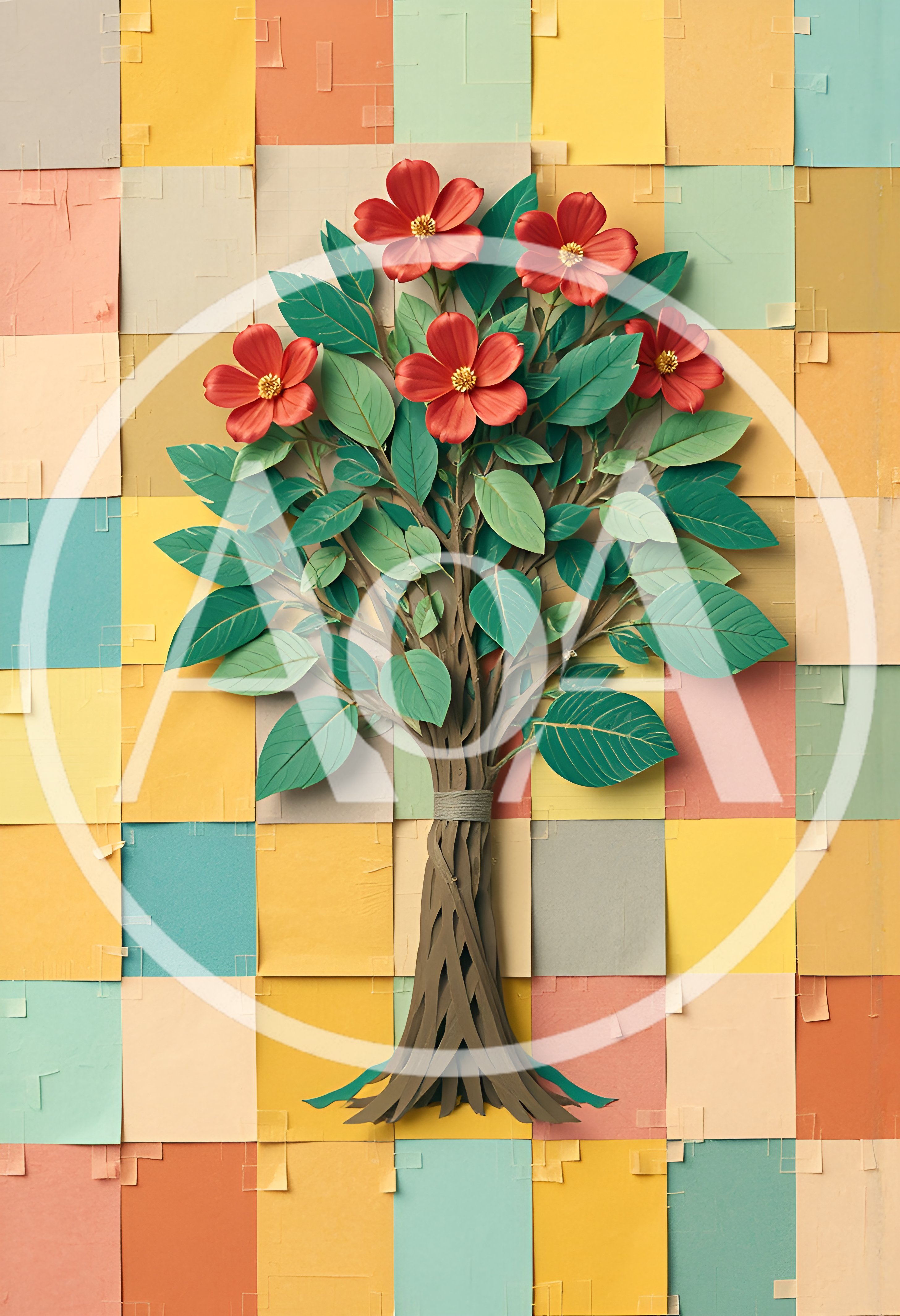 Paper Craft Tree With Red Flowers On Mosaic Background