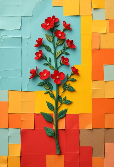 Red Flower Stem On Geometric Paper Collage Background