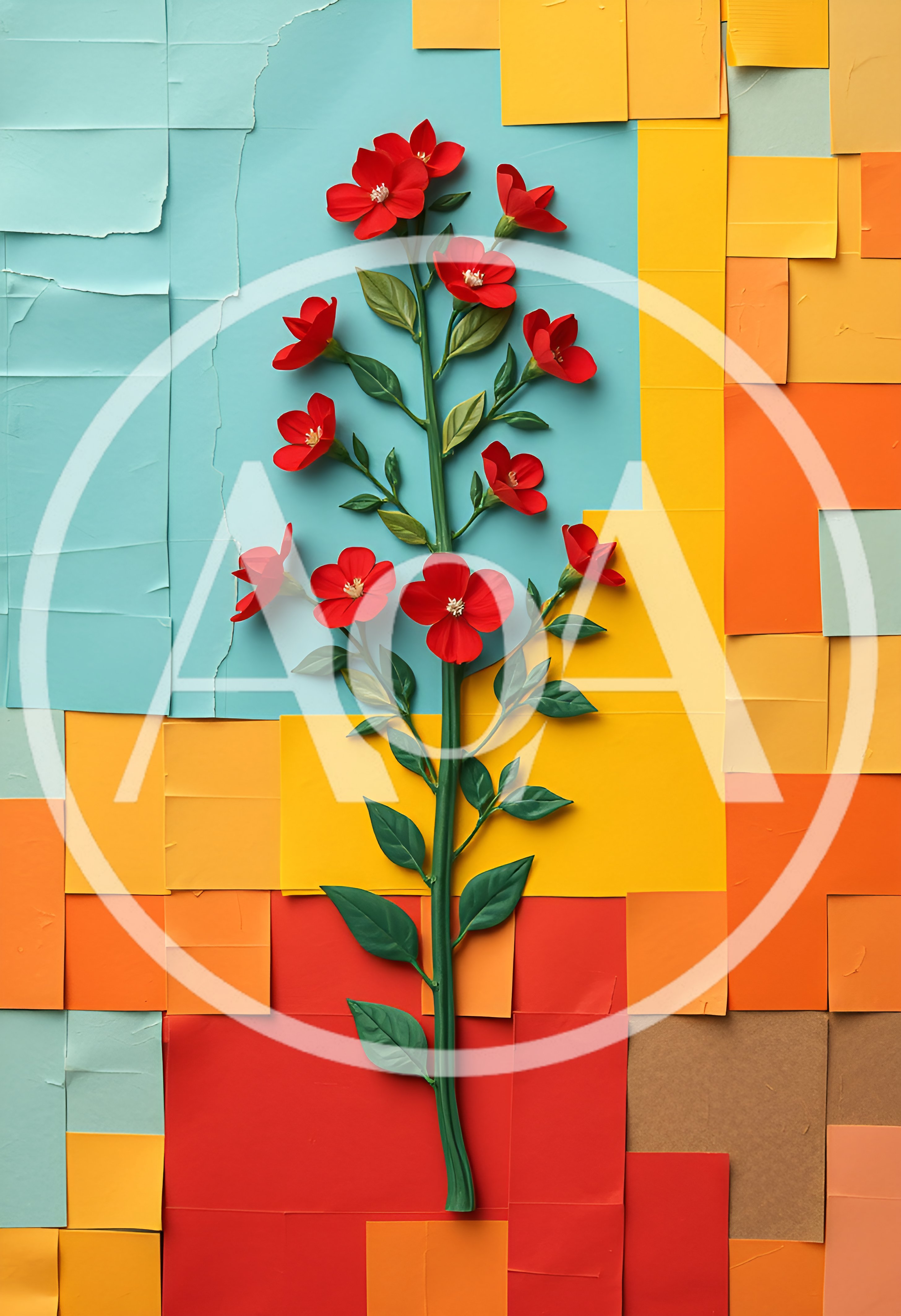 Red Flower Stem On Geometric Paper Collage Background