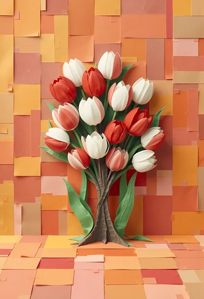 Paper Craft Tulip Bouquet On Mosaic Background