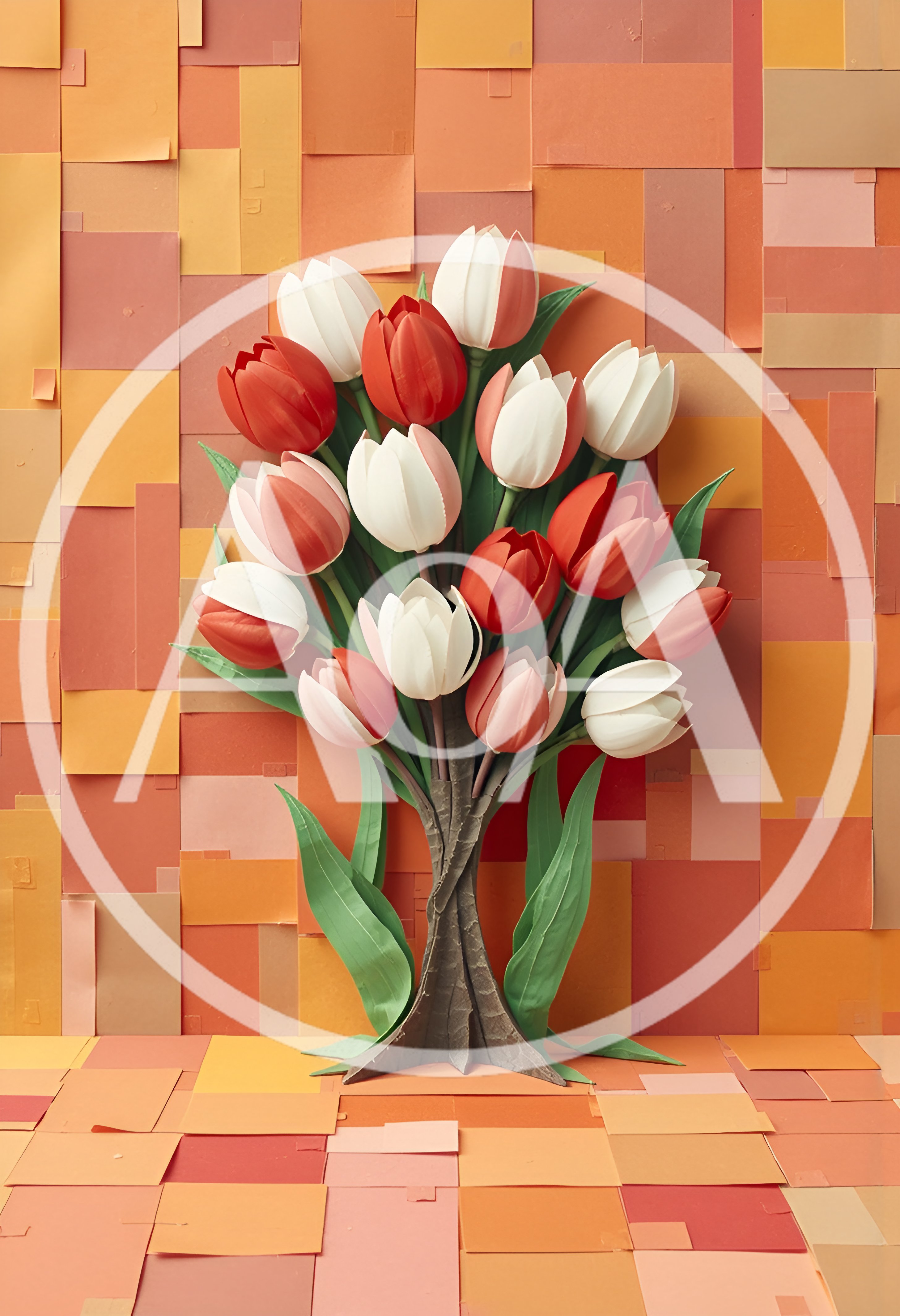 Paper Craft Tulip Bouquet On Mosaic Background