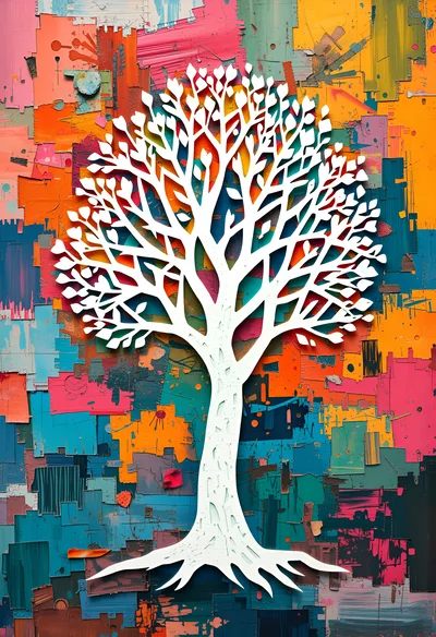 White Tree Silhouette On Abstract Colorful Painted Background