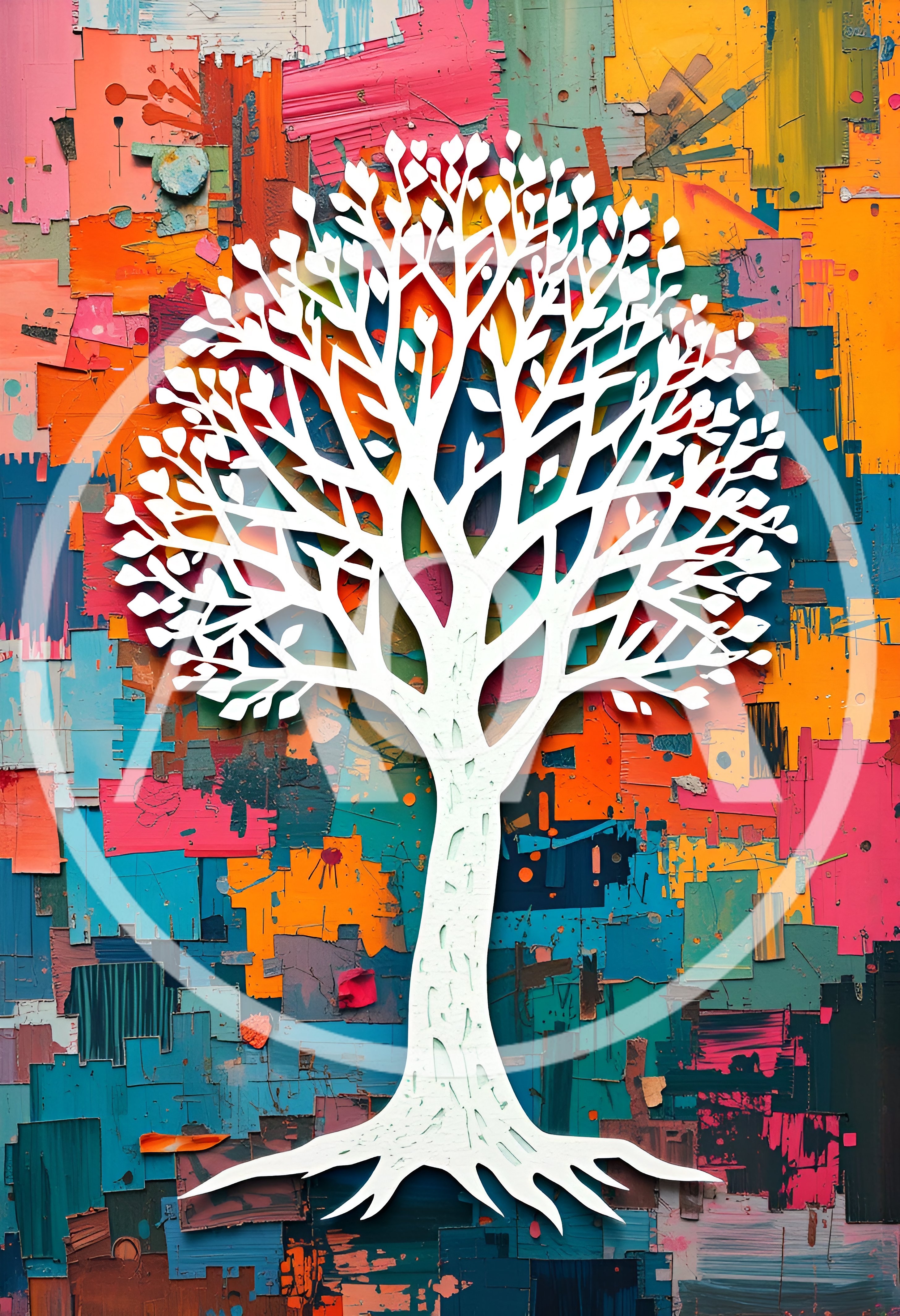 White Tree Silhouette On Abstract Colorful Painted Background