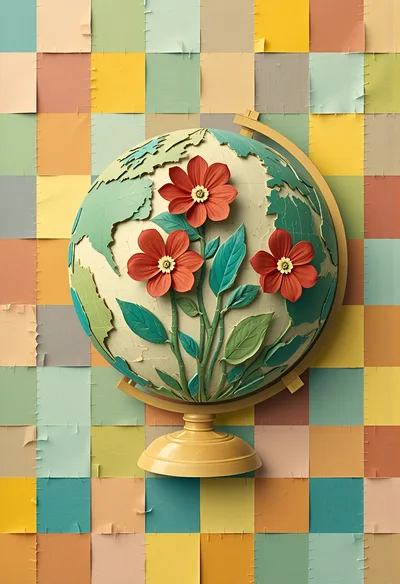 Decorative Globe With Paper Flowers On Patchwork Background