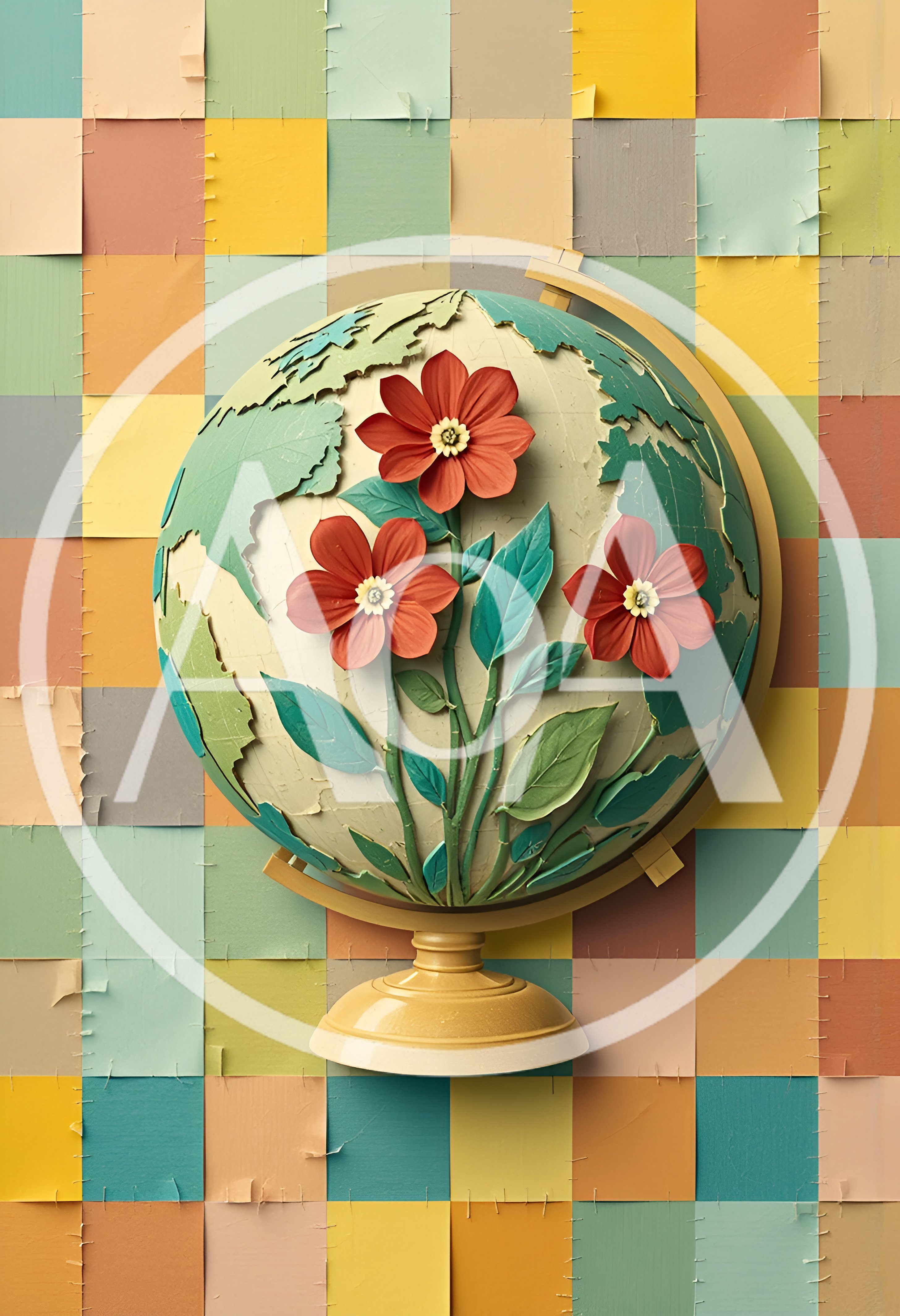 Decorative Globe With Paper Flowers On Patchwork Background