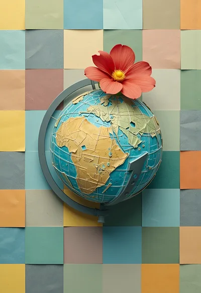Globe With A Red Flower On A Grid Background