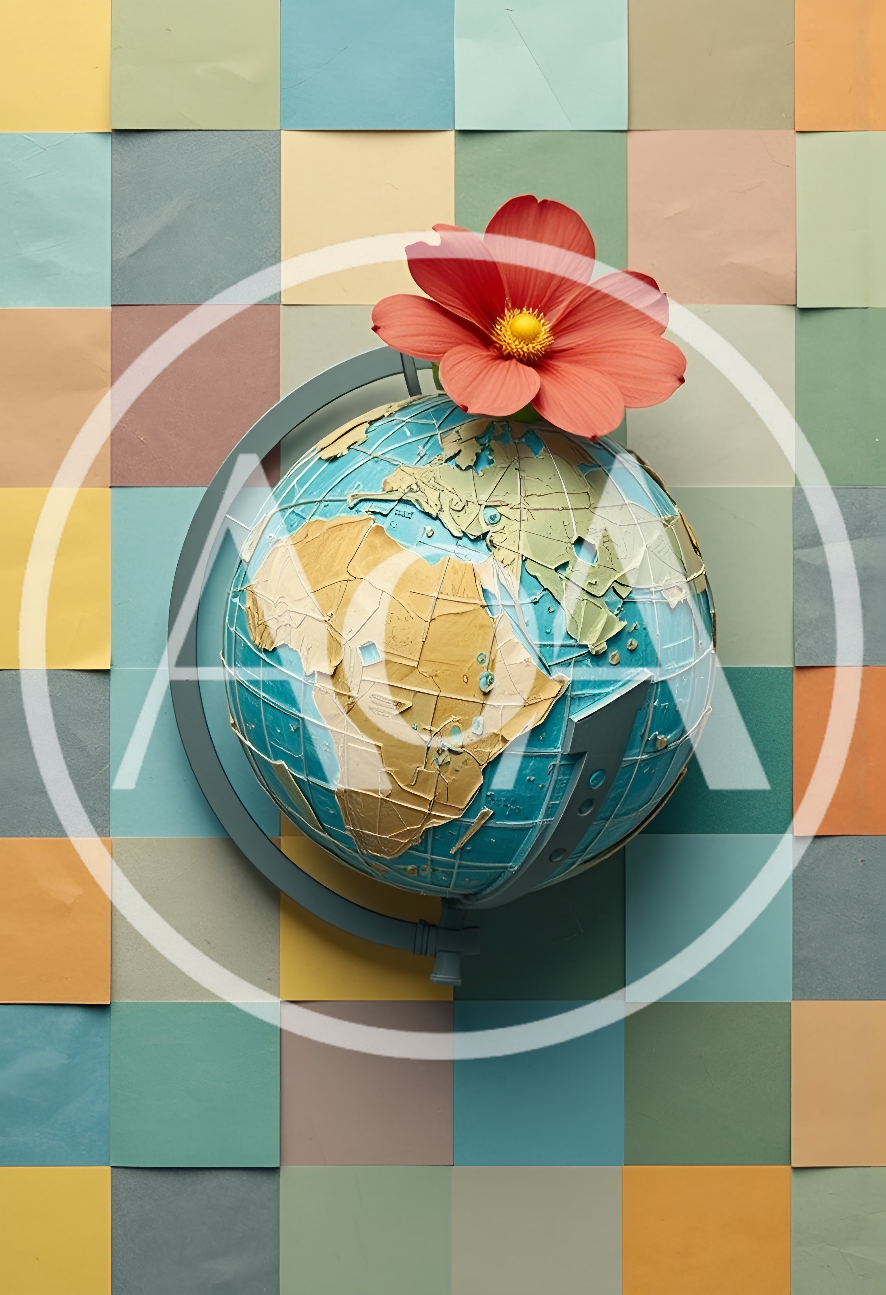 Globe With A Red Flower On A Grid Background