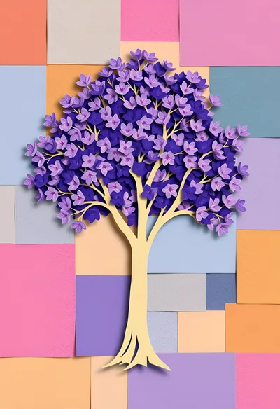 Paper Cutout Tree With Purple Flowers On Geometric Background