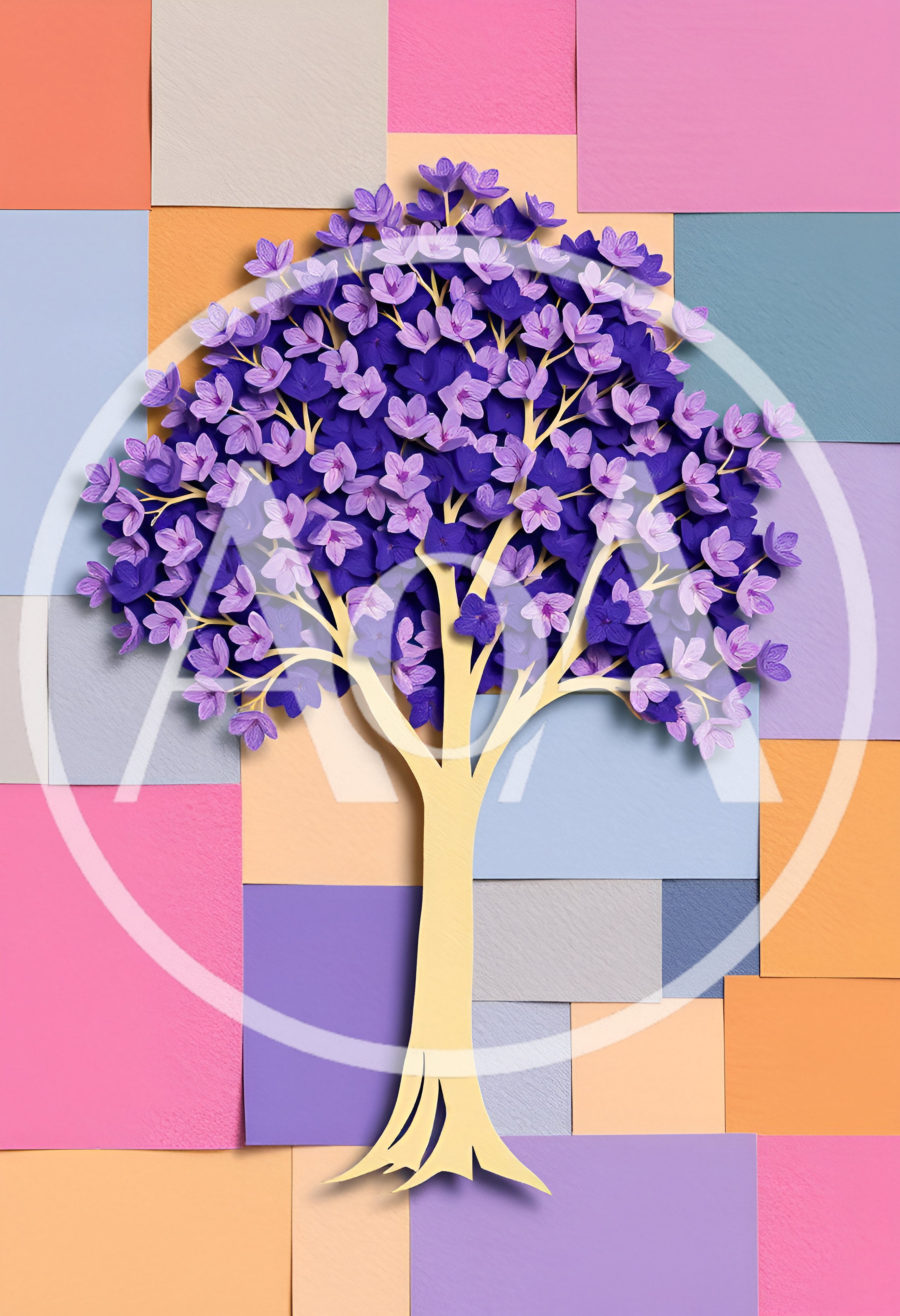 Paper Cutout Tree With Purple Flowers On Geometric Background