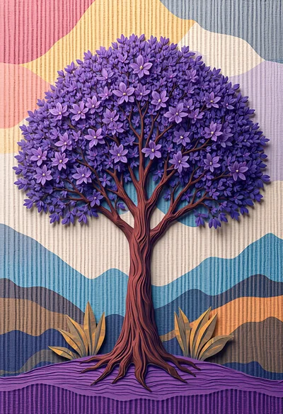 Paper Cutout Style Illustration Of A Purple Tree