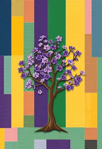 Stylized Jacaranda Tree Illustration On Colorful Striped Background