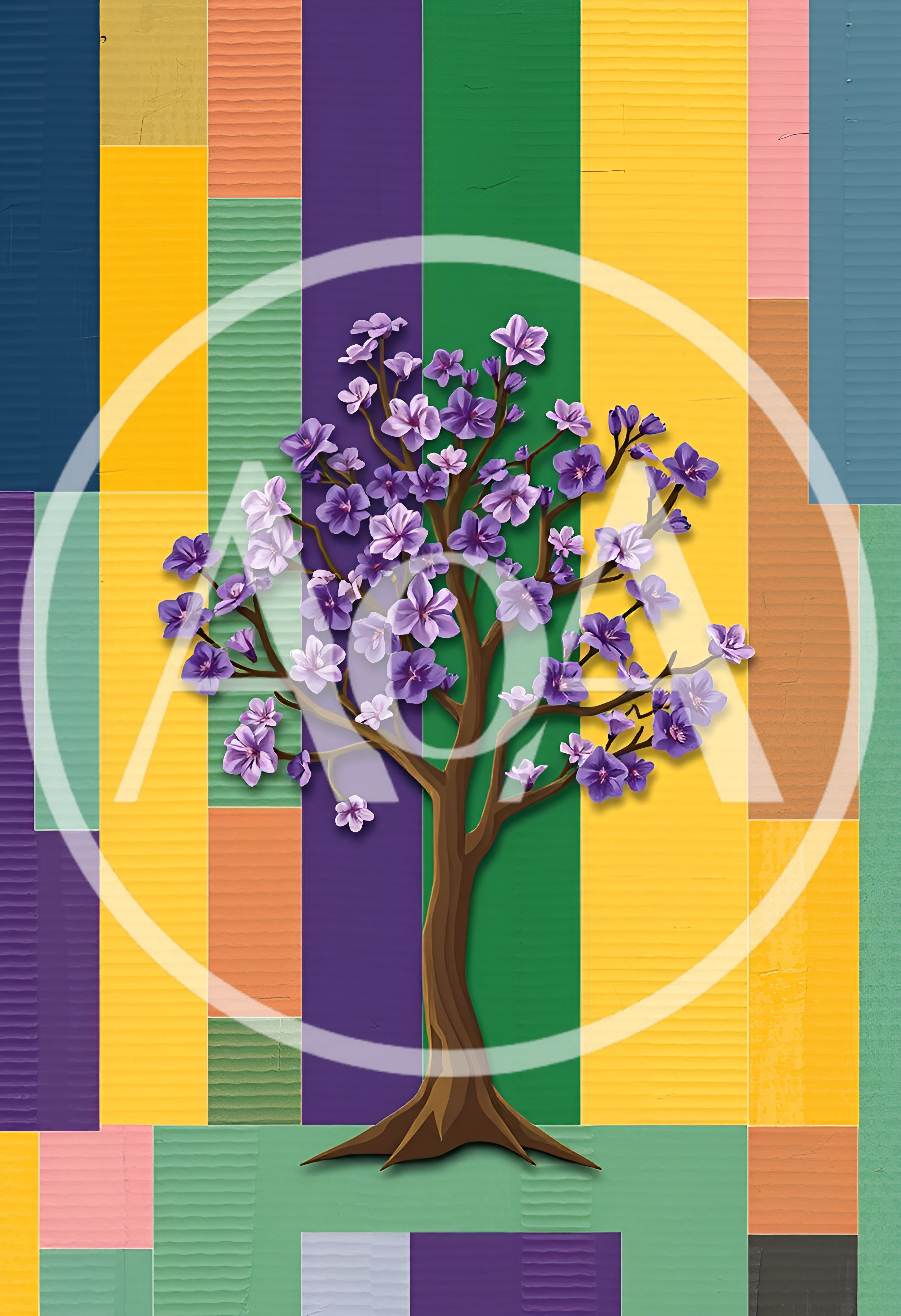 Stylized Jacaranda Tree Illustration On Colorful Striped Background