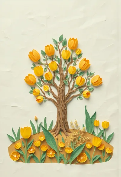 Paper Craft Tree With Yellow Tulips And Citrus Slices
