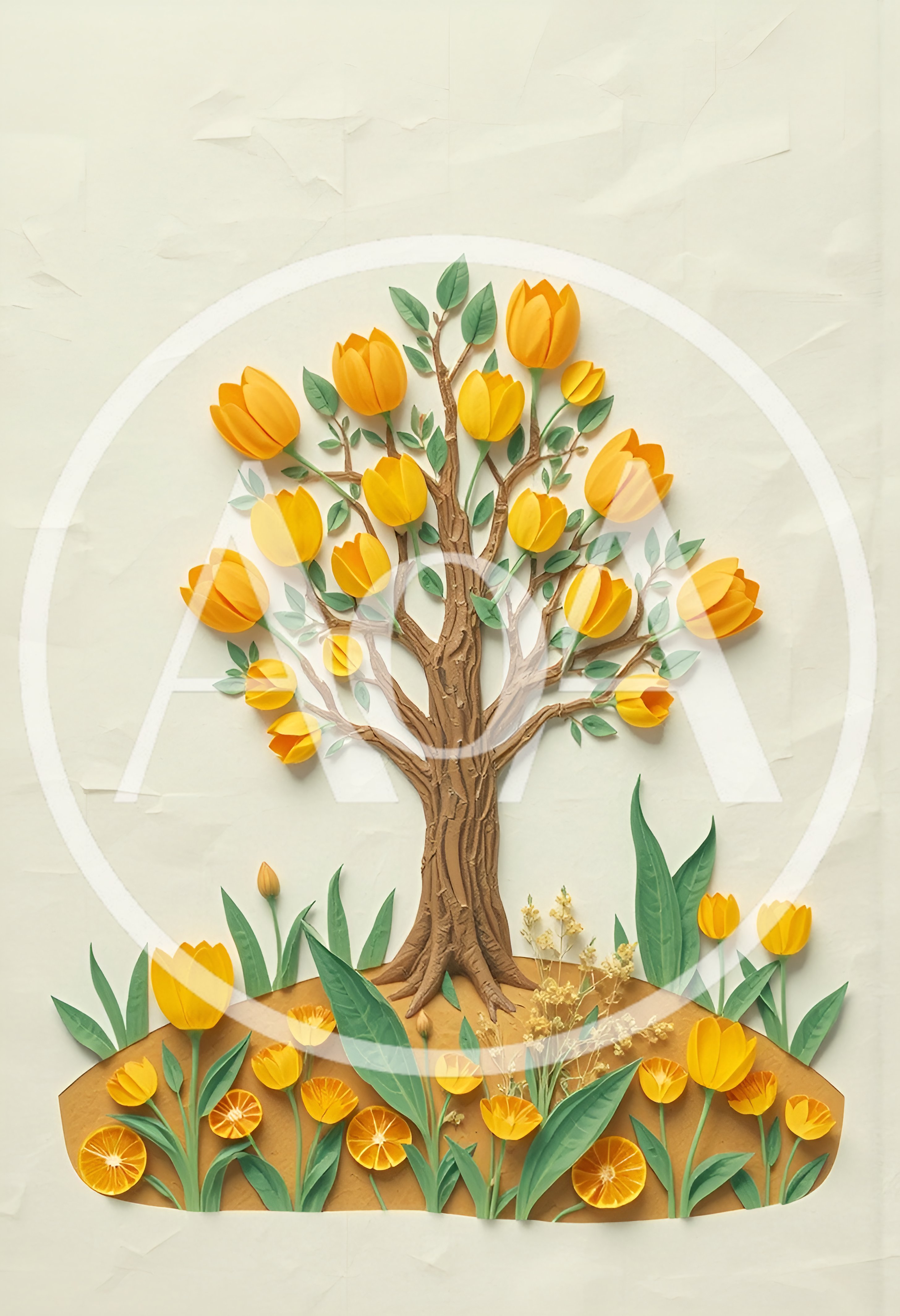 Paper Craft Tree With Yellow Tulips And Citrus Slices