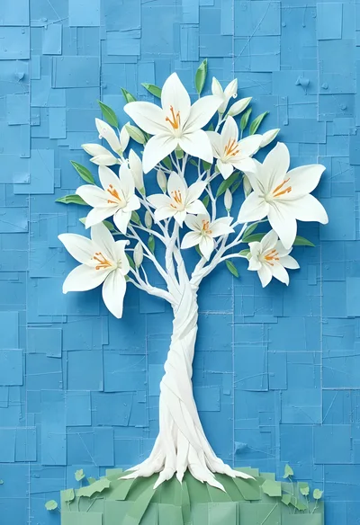 Paper Craft Lily Tree Art On Blue Background