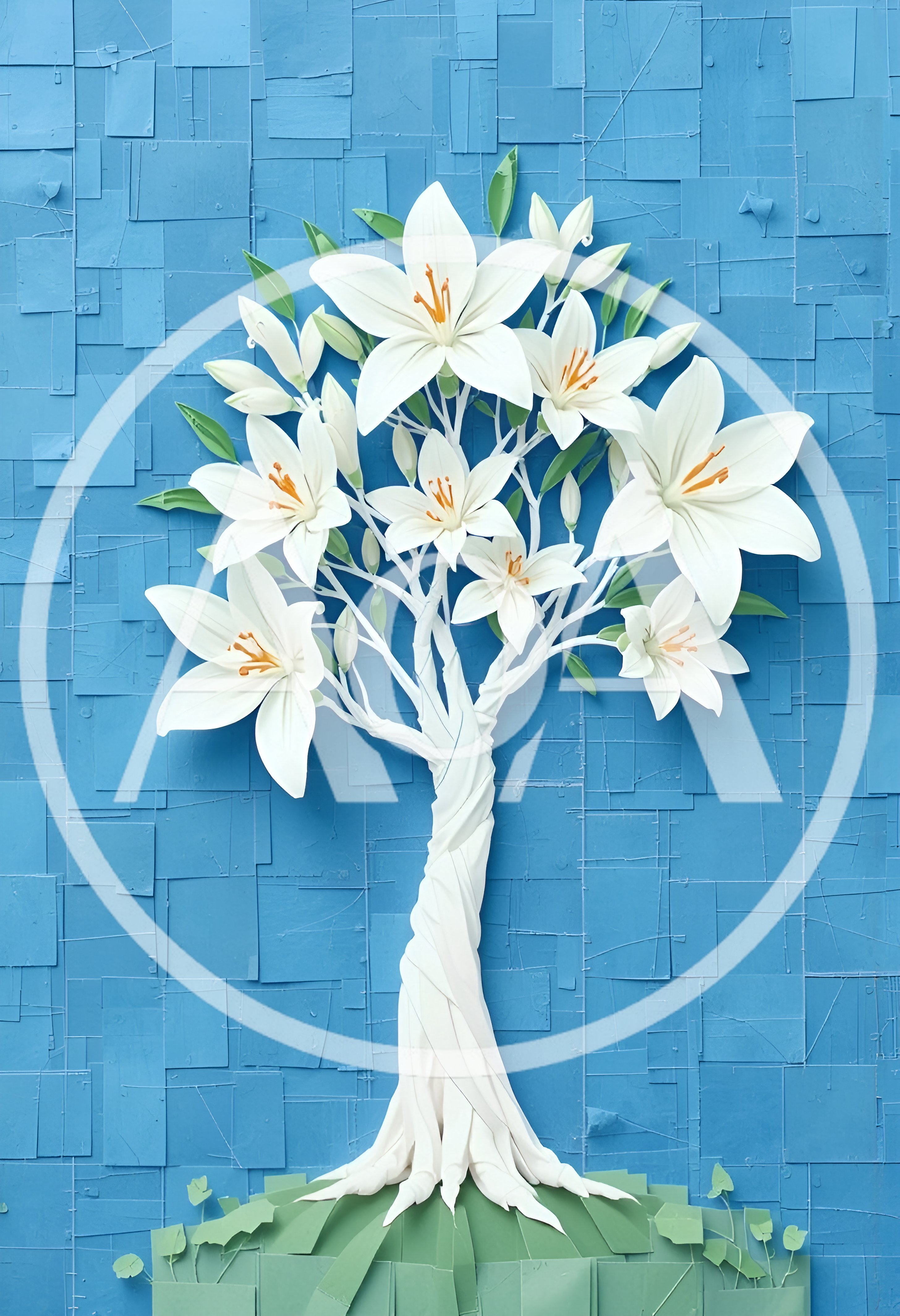 Paper Craft Lily Tree Art On Blue Background