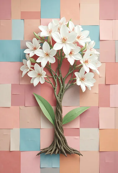 Stylized White Lily Tree On Pastel Paper Background