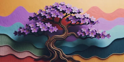 Paper Cutout Style Bonsai Tree With Purple Flowers