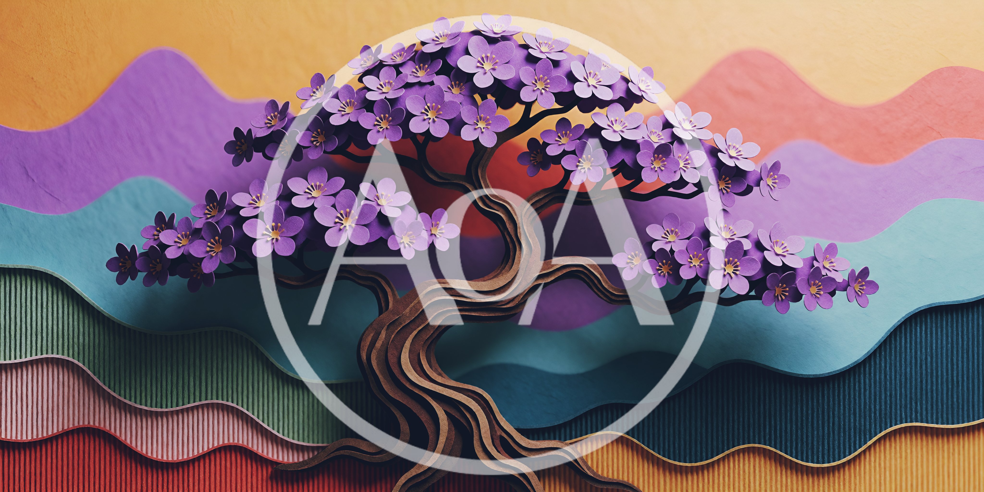 Paper Cutout Style Bonsai Tree With Purple Flowers