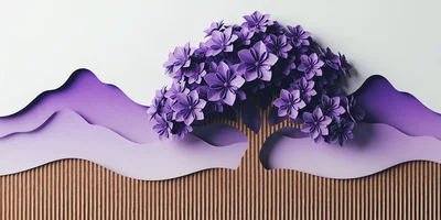 Paper Craft Tree With Purple Flowers And Mountains