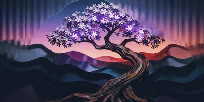 Stylized Paper Cutout Bonsai Tree Landscape
