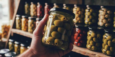 Hand Holding A Jar Of Green Olives In A Pantry
