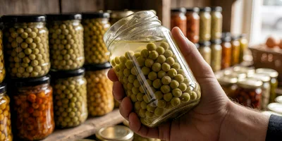 Hand Holding A Glass Jar Of Preserved Green Peas