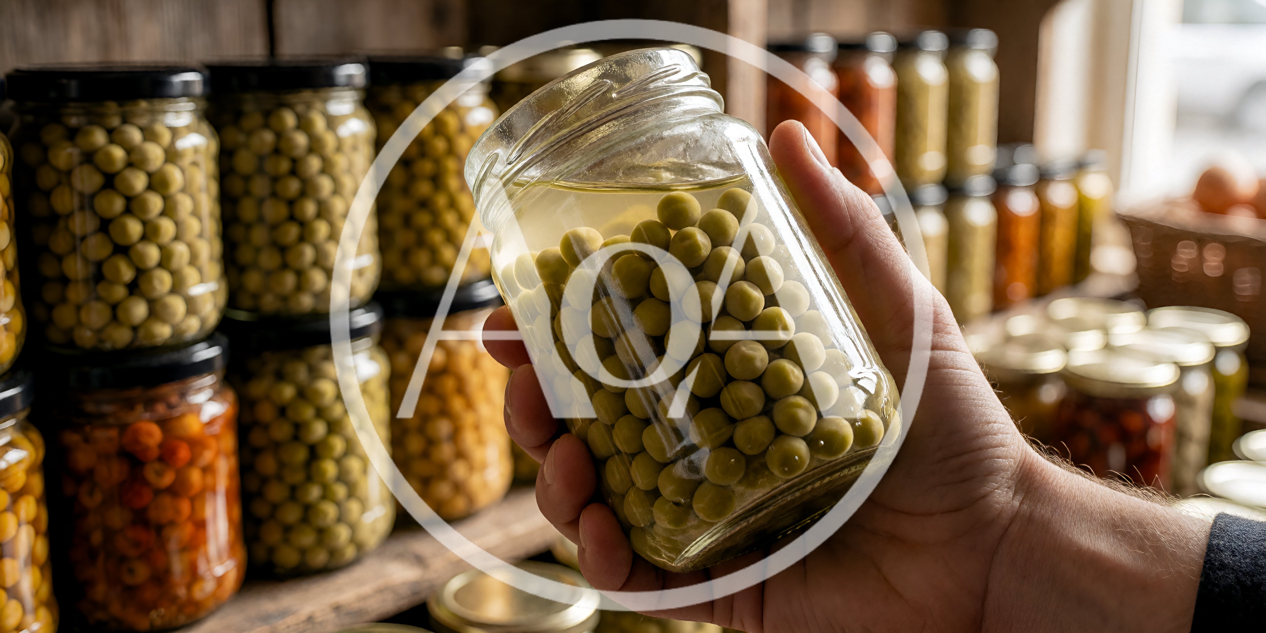 Hand Holding A Glass Jar Of Preserved Green Peas