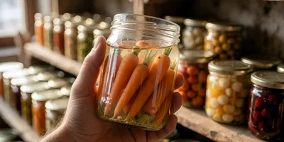 Hand Holding A Jar Of Pickled Carrots