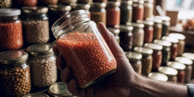 Hand Holding A Glass Jar Of Red Lentils