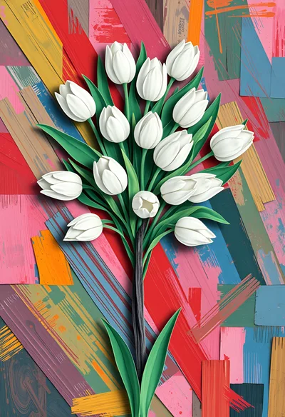 White Tulip Bouquet On Abstract Painted Background