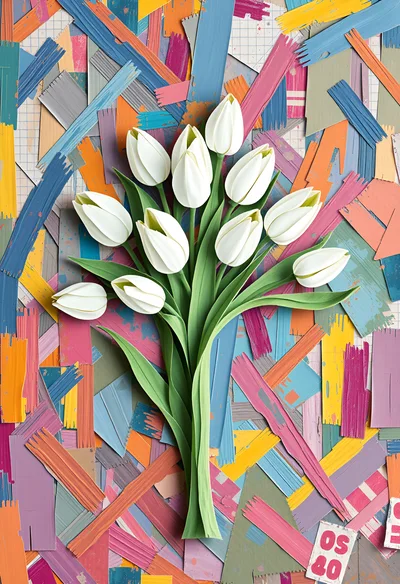 Paper Craft White Tulips On Colorful Abstract Background