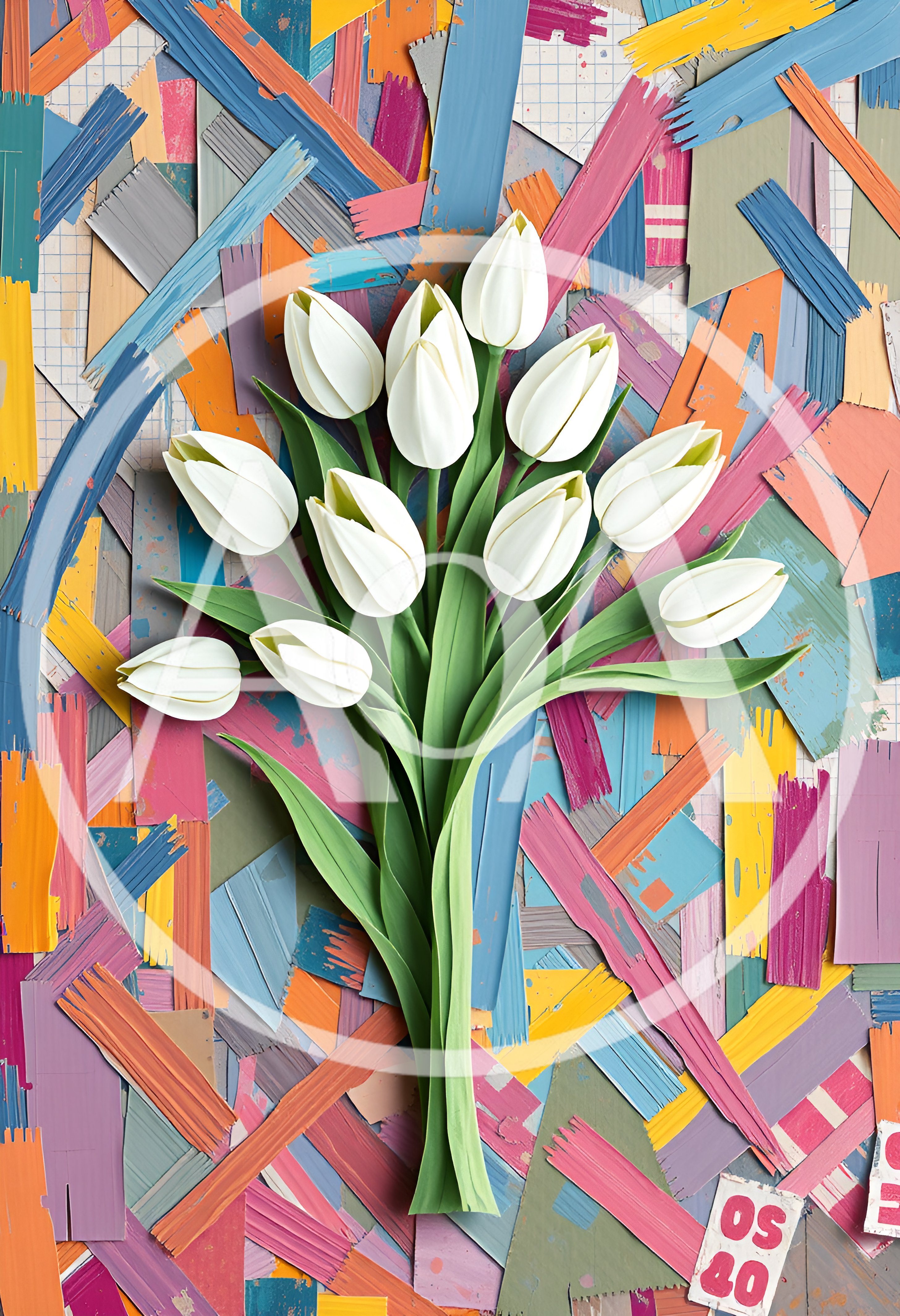 Paper Craft White Tulips On Colorful Abstract Background
