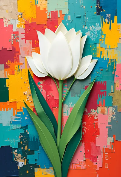 Paper Craft White Tulip On Abstract Colorful Background