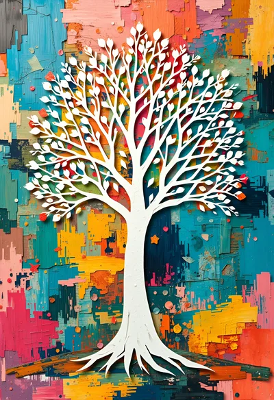 White Tree Silhouette On Abstract Colorful Painted Background