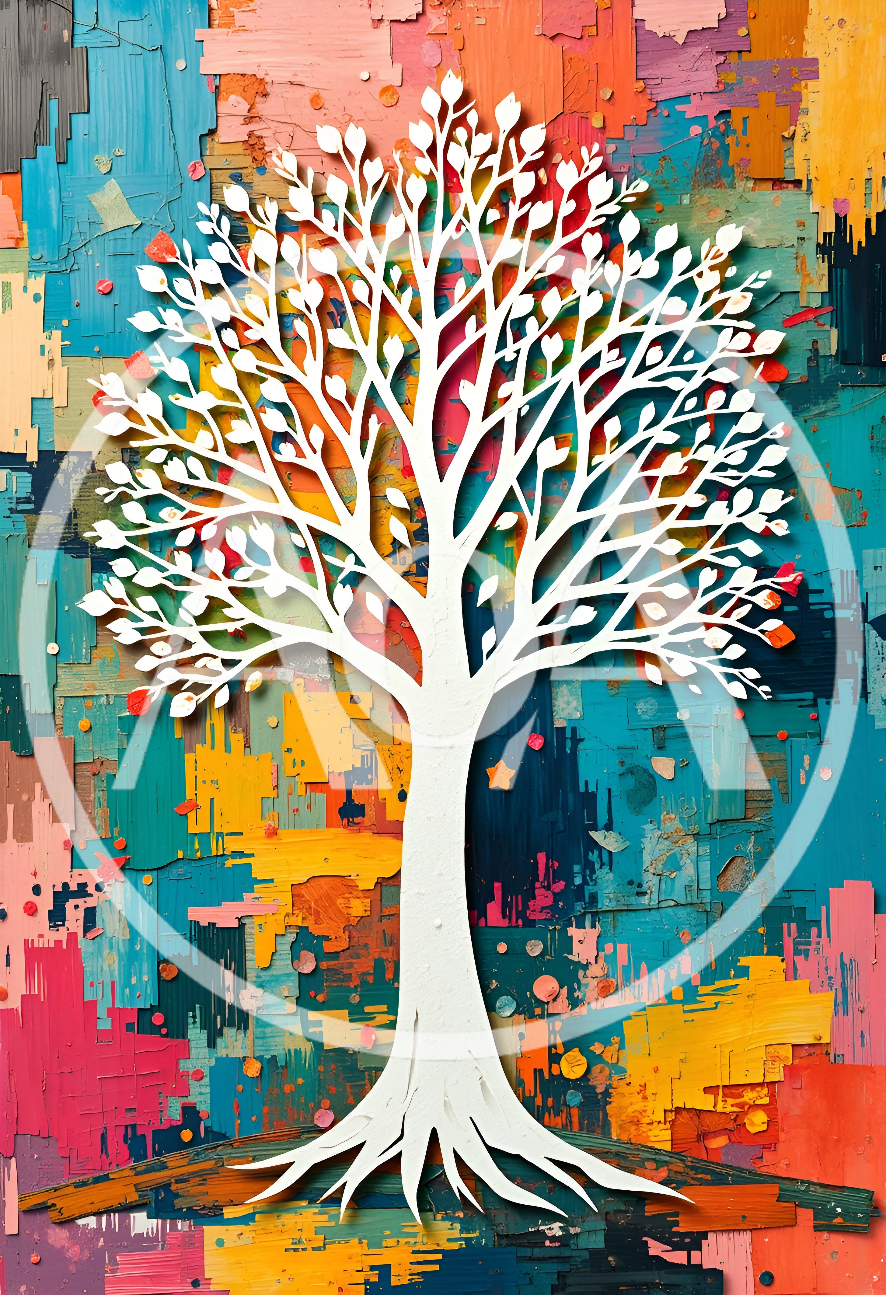 White Tree Silhouette On Abstract Colorful Painted Background