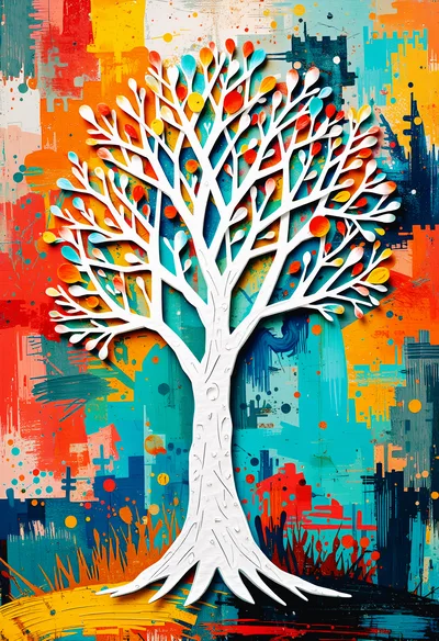 Abstract White Tree Silhouette On Colorful Painted Background