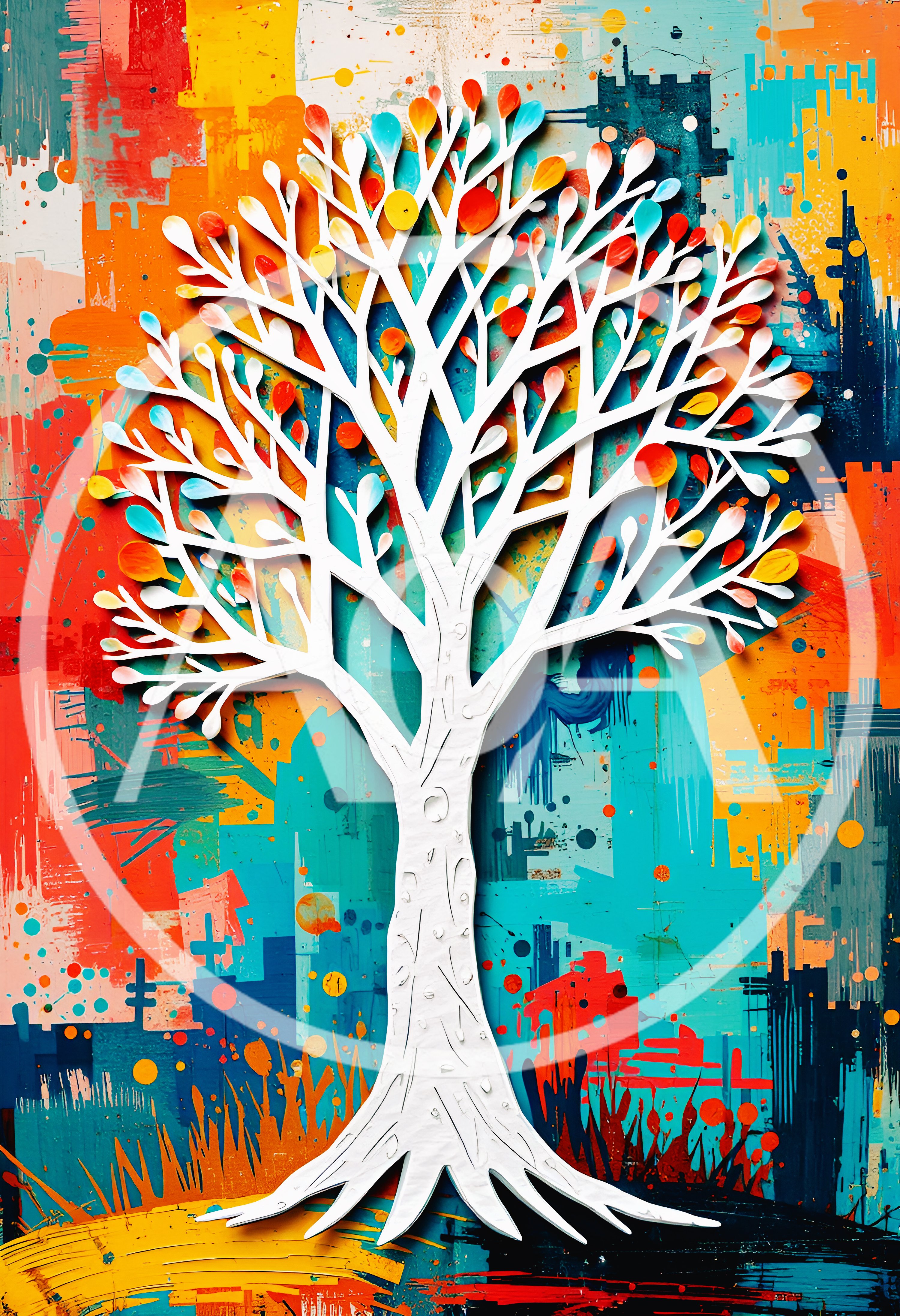 Abstract White Tree Silhouette On Colorful Painted Background