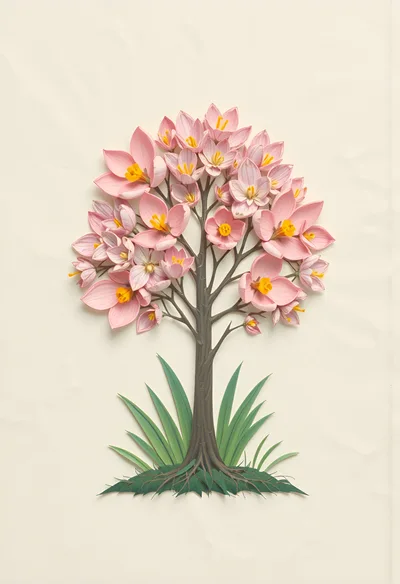 Paper Cutout Style Pink Flower Tree Illustration
